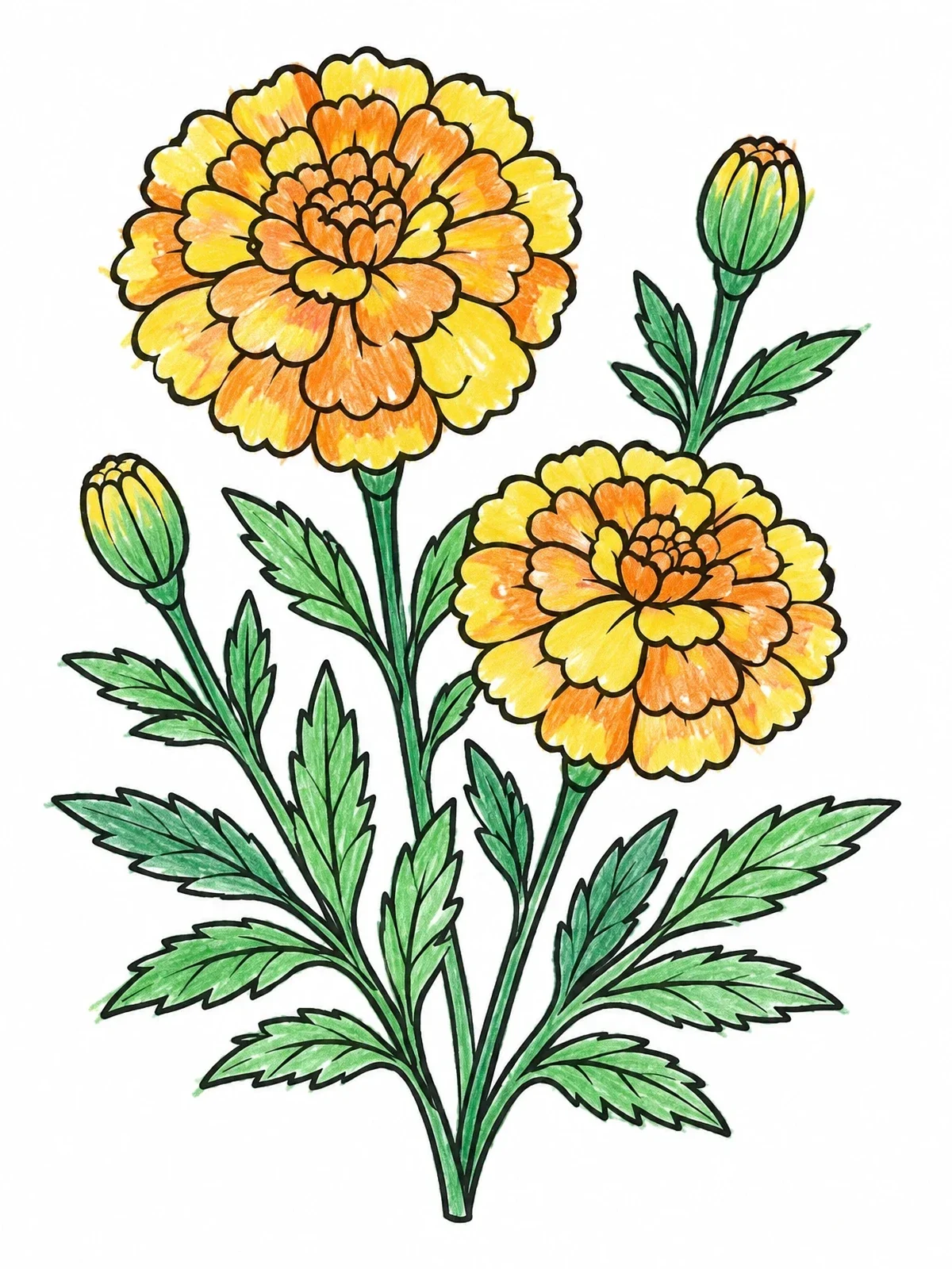 Colored example of the Blooming Marigold Flowers With Buds coloring page