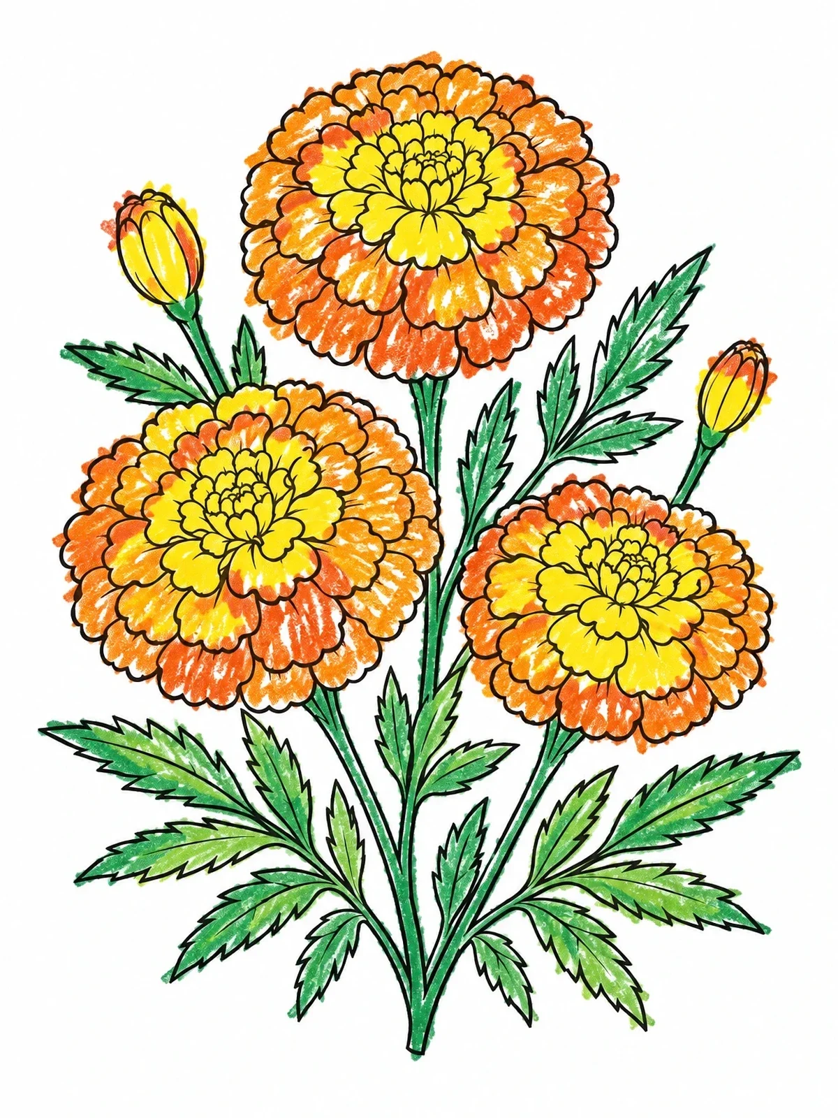 Colored example of the Blooming Marigold Trio With Foliage coloring page