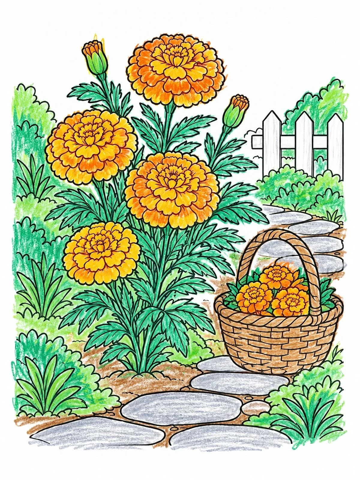 Colored example of the Blooming Marigolds By The Garden Path coloring page