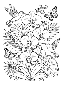 Free printable Blooming Orchids With Hummingbirds And Butterflies coloring page
