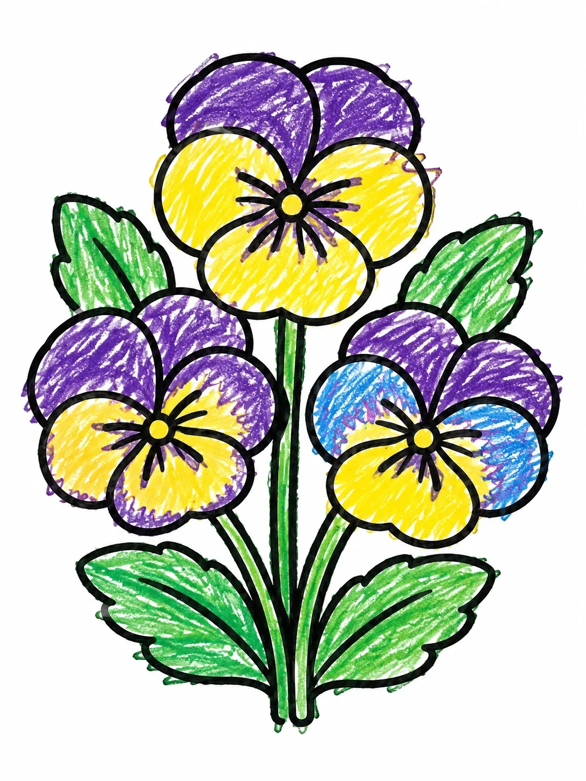 Colored example of the Trio Of Blooming Pansy Flowers coloring page