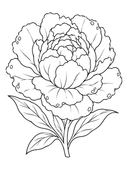 A detailed peony coloring page featuring ruffled petals with tiny water droplets on a leafy stem.