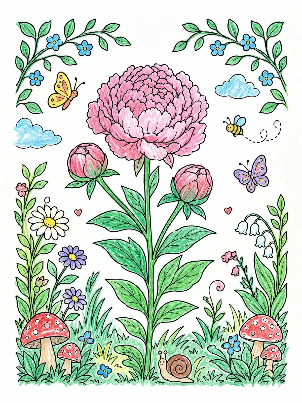 Colored example of the Blooming Peony In Garden Setting coloring page