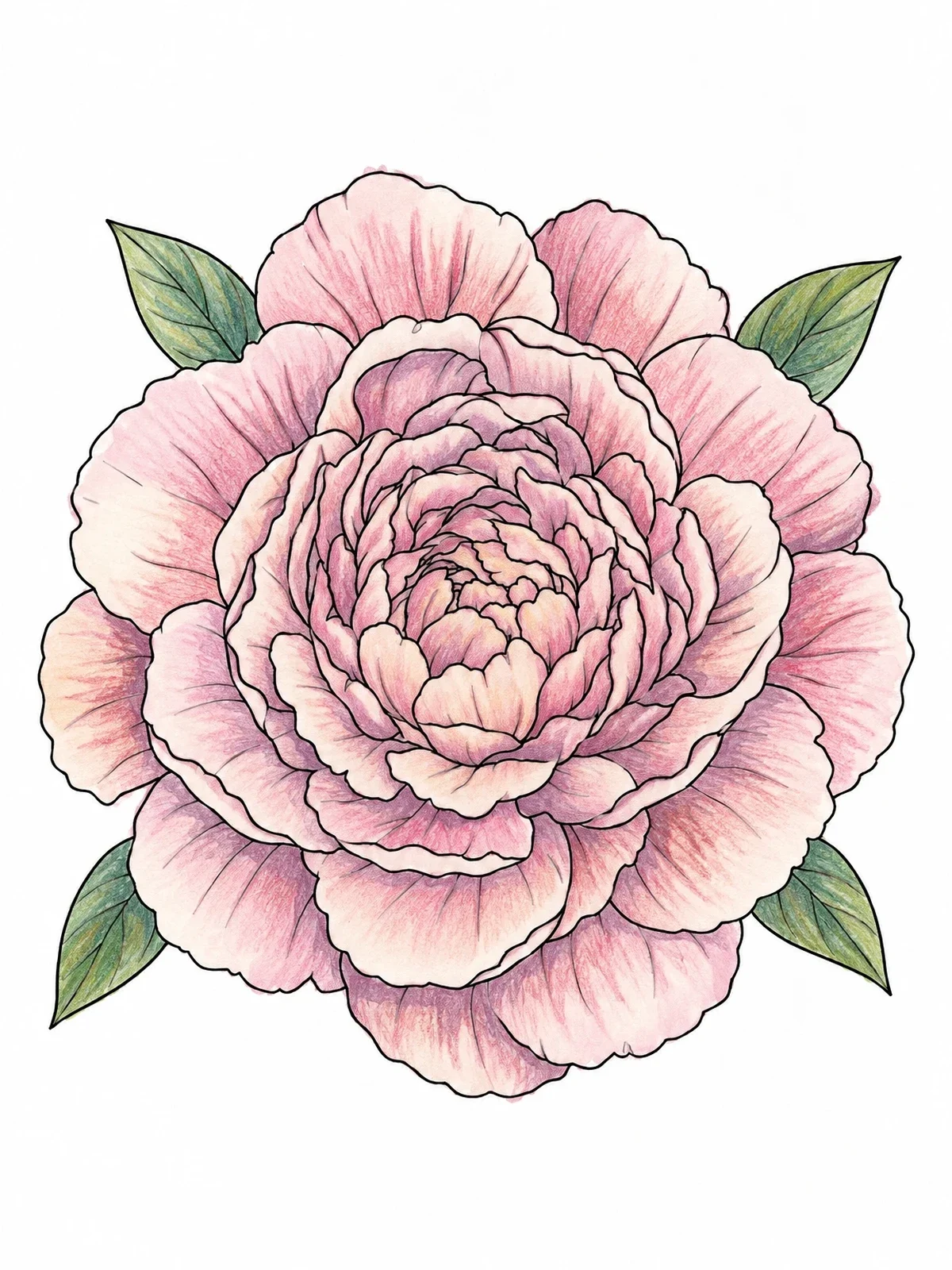 Colored example of the Blooming Peony Flower Overhead View coloring page