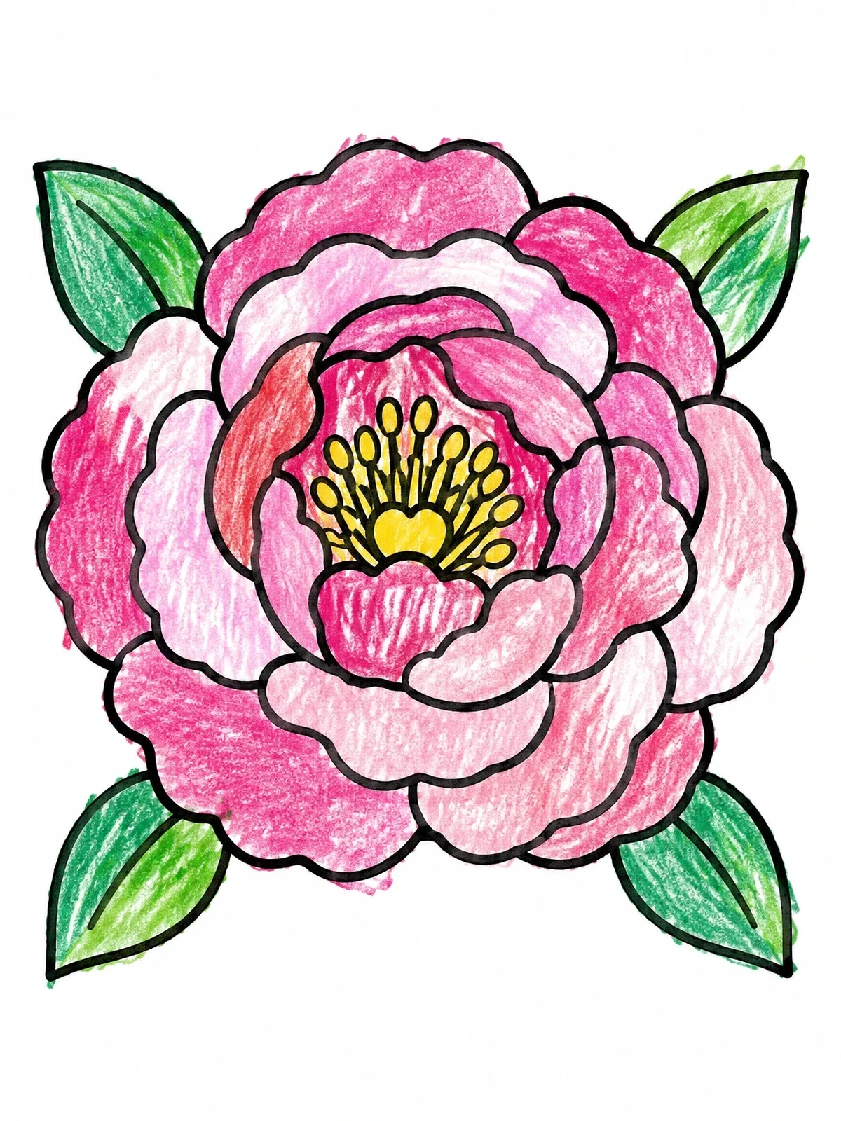 Colored example of the Blooming Peony Flower With Leaves coloring page