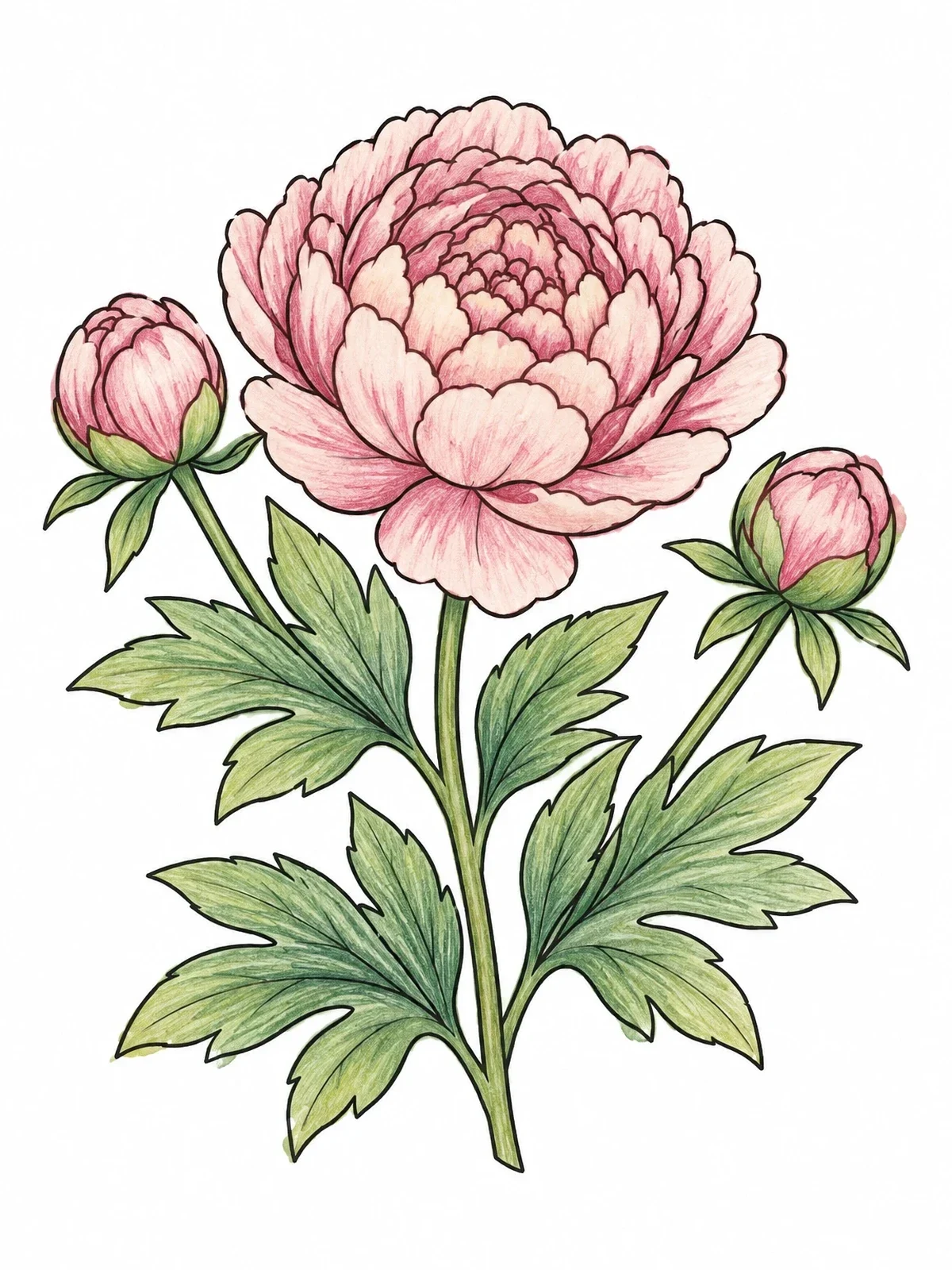 Colored example of the Blooming Peony With Side Buds coloring page