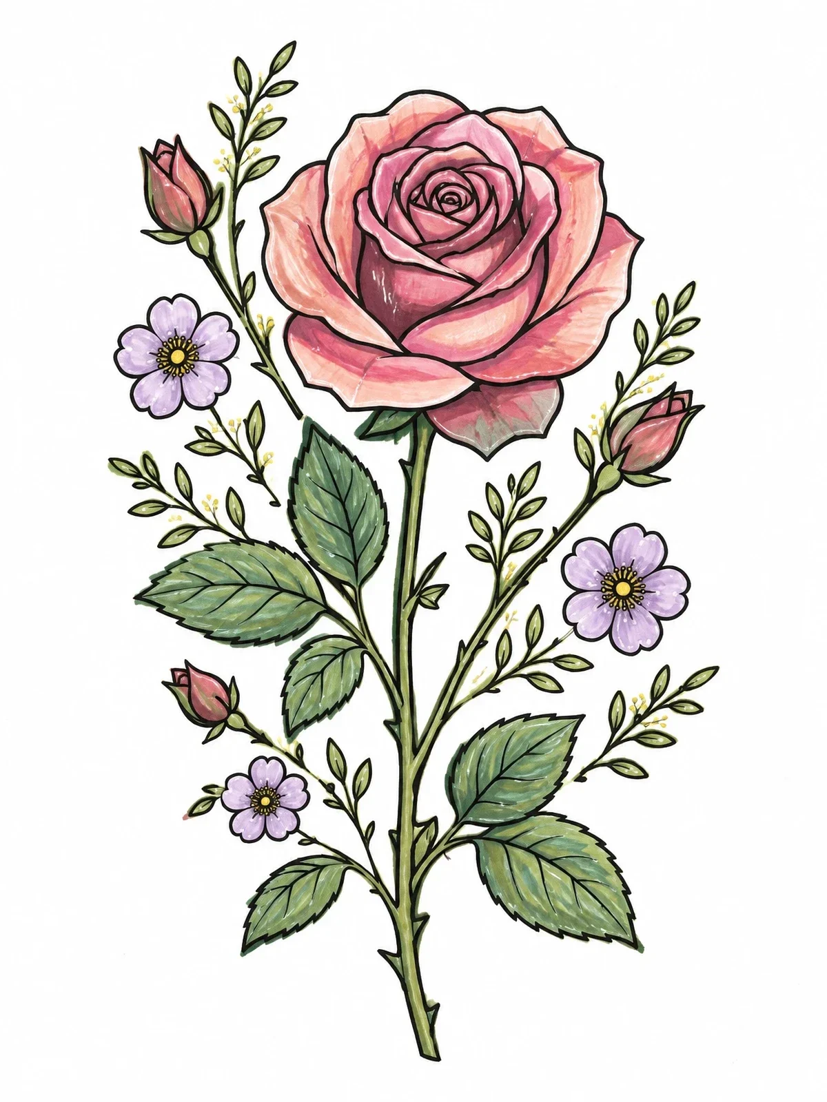 Colored example of the Blooming Rose Stem With Wildflowers coloring page