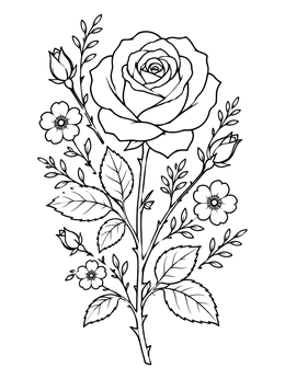 A detailed rose coloring page featuring a blooming blossom on a leafy stem flanked by buds and small flowers.