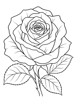 A detailed rose tattoo coloring page featuring a fully bloomed flower head and serrated leaves.