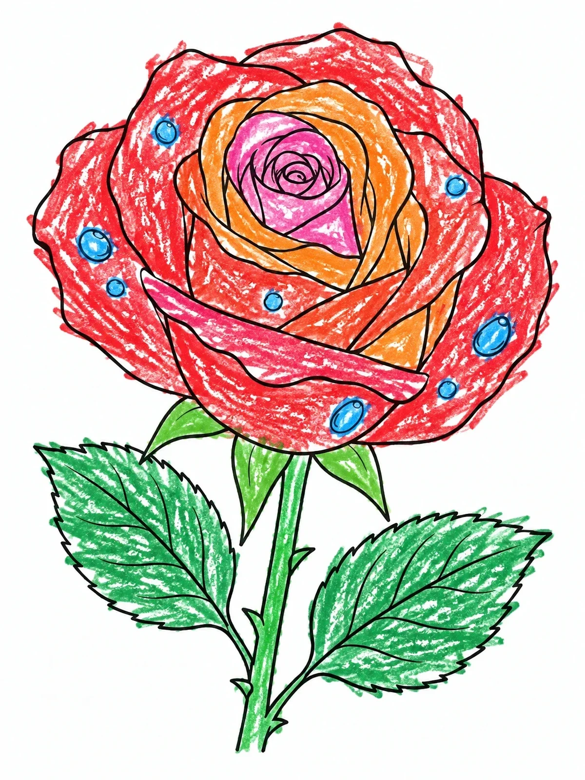 Colored example of the Blooming Rose With Morning Dewdrops coloring page