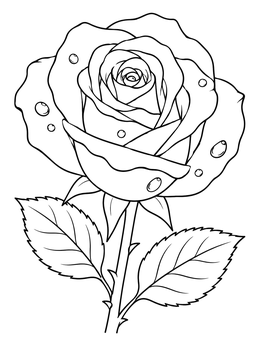 Detailed rose coloring page showing a blooming flower with dewdrops on petals and thorny stem.