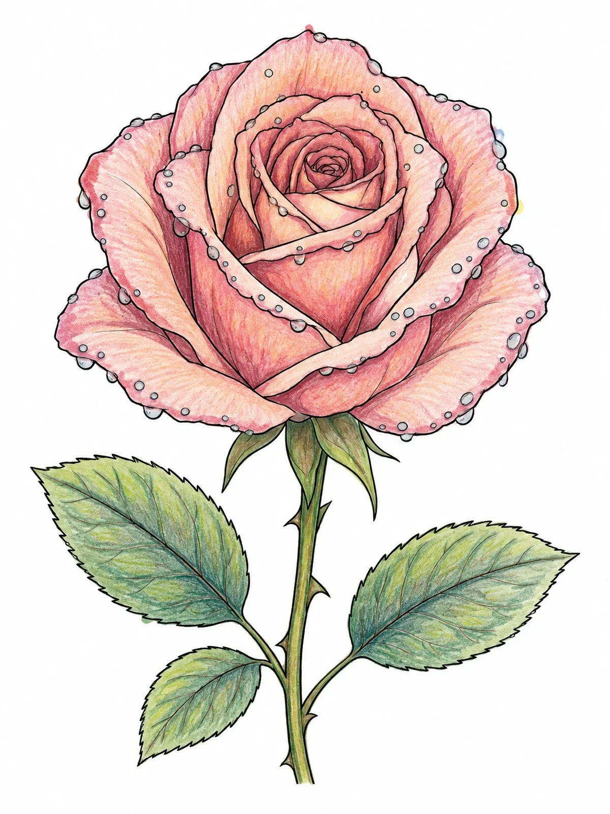Colored example of the Blooming Rose With Morning Dewdrops coloring page
