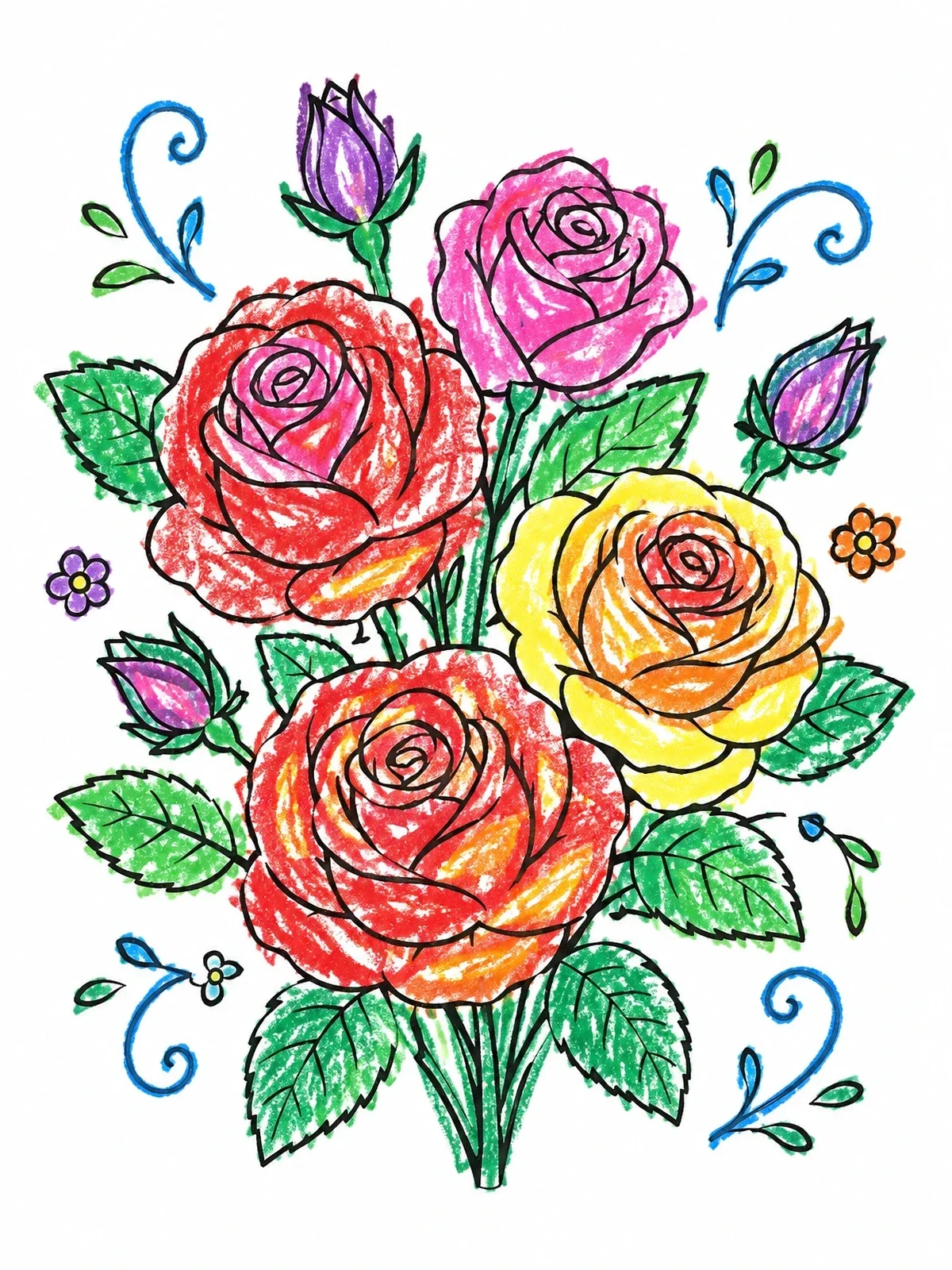 Colored example of the Blooming Roses Bouquet With Swirls coloring page