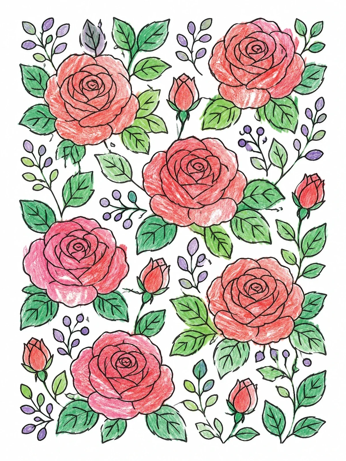 Colored example of the Blooming Roses Floral Pattern coloring page