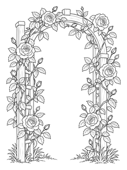 An arched garden arbor in this roses coloring page surrounded by blooming flowers and leaves.