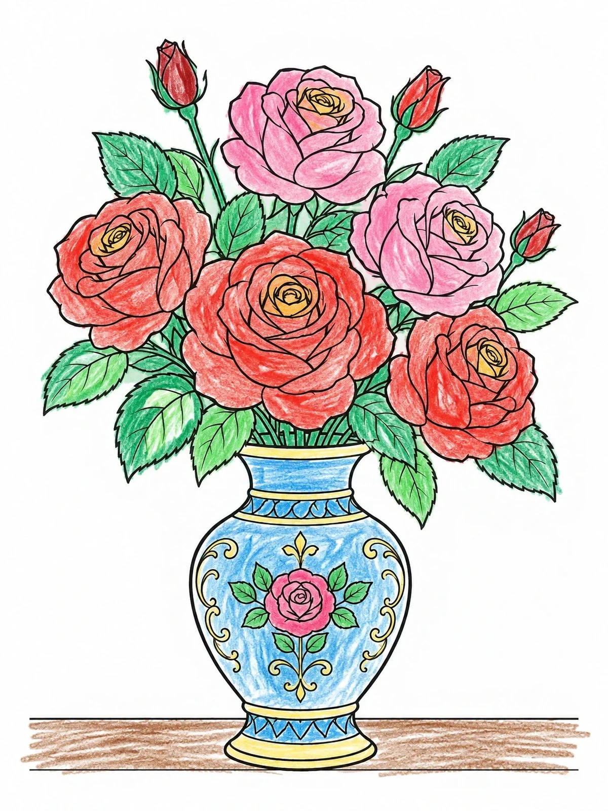 Colored example of the Blooming Roses In Ornate Ceramic Vase coloring page