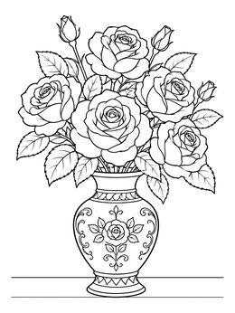 A lush bouquet in this roses coloring page stands gracefully in an ornate patterned vase.