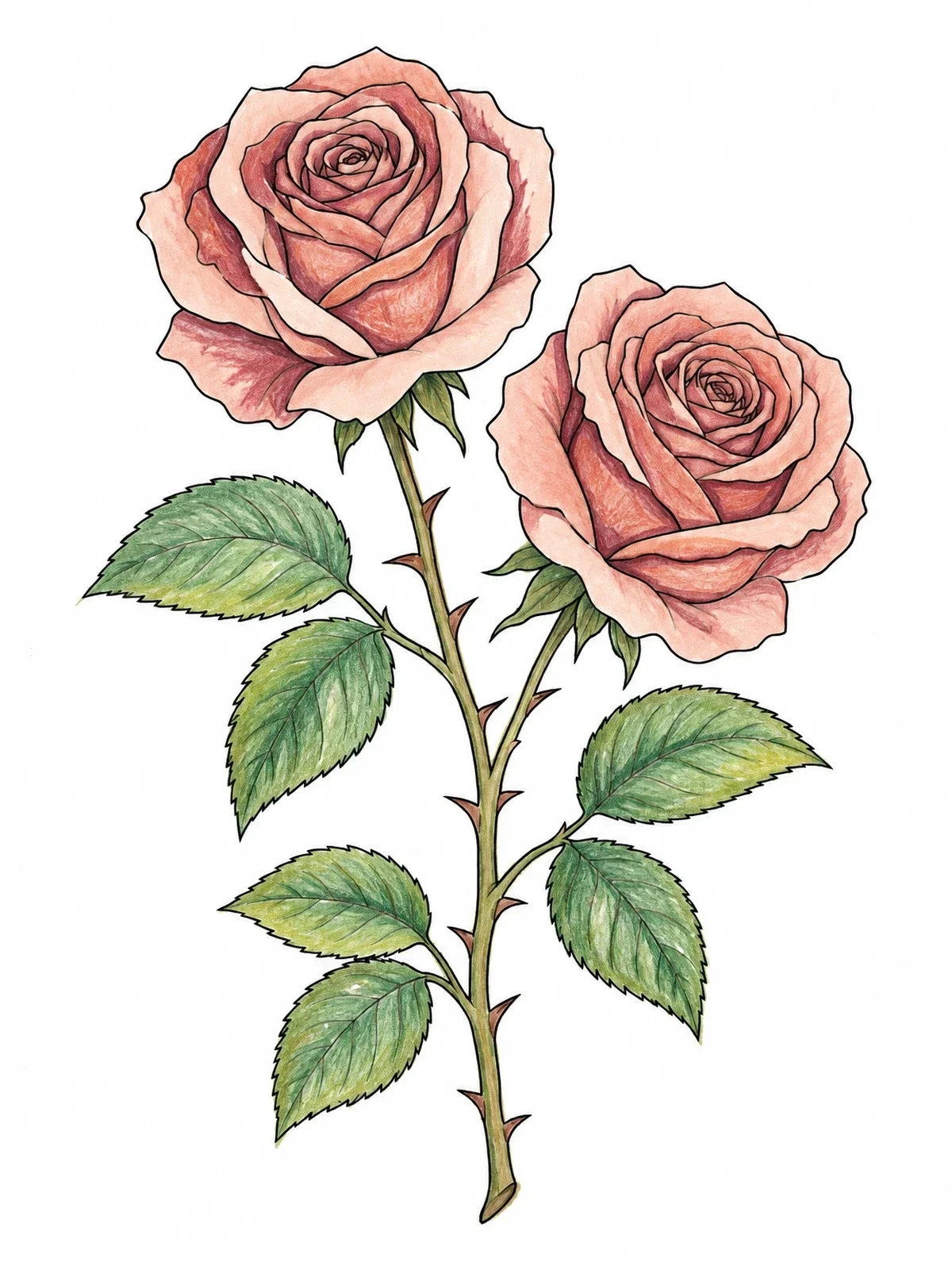 Colored example of the Pair Of Blooming Roses On Stem coloring page