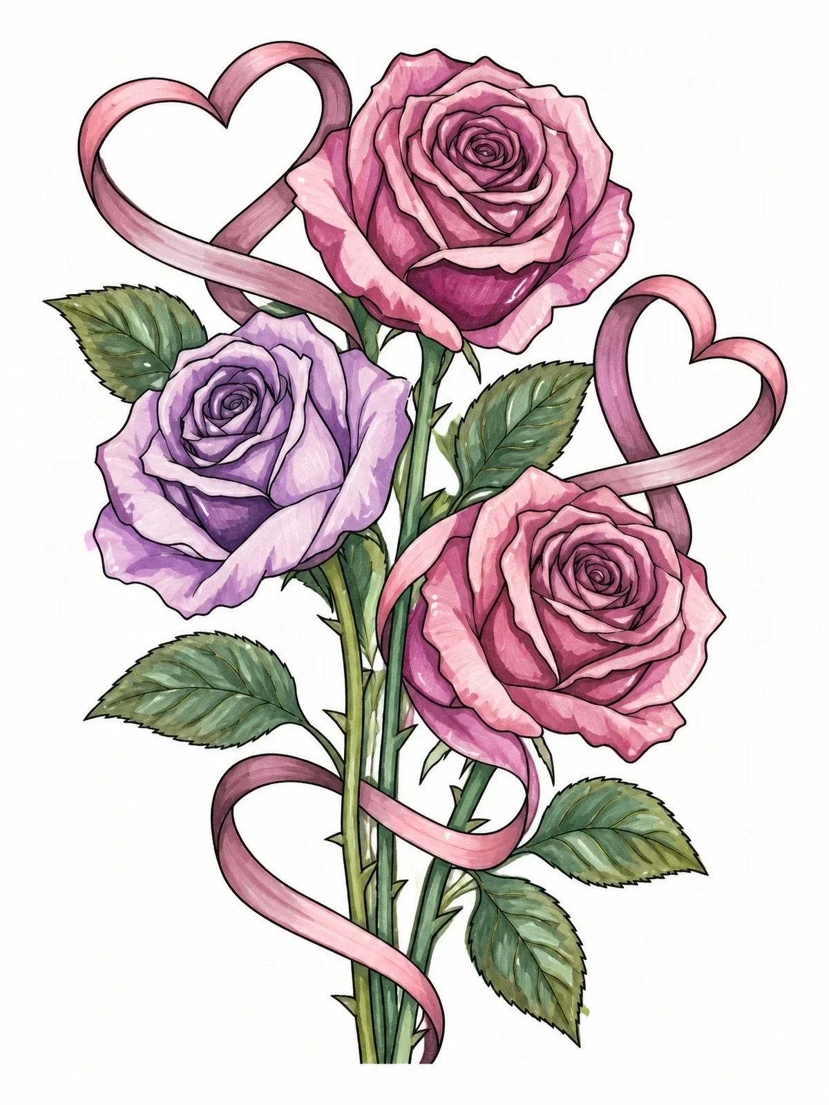 Colored example of the Blooming Roses With Heart Ribbons coloring page