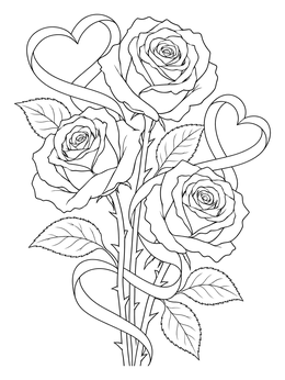 Three detailed roses wrapped in heart-shaped ribbon on a roses coloring page.