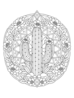Detailed saguaro cactus coloring page framed by a floral circular mandala.