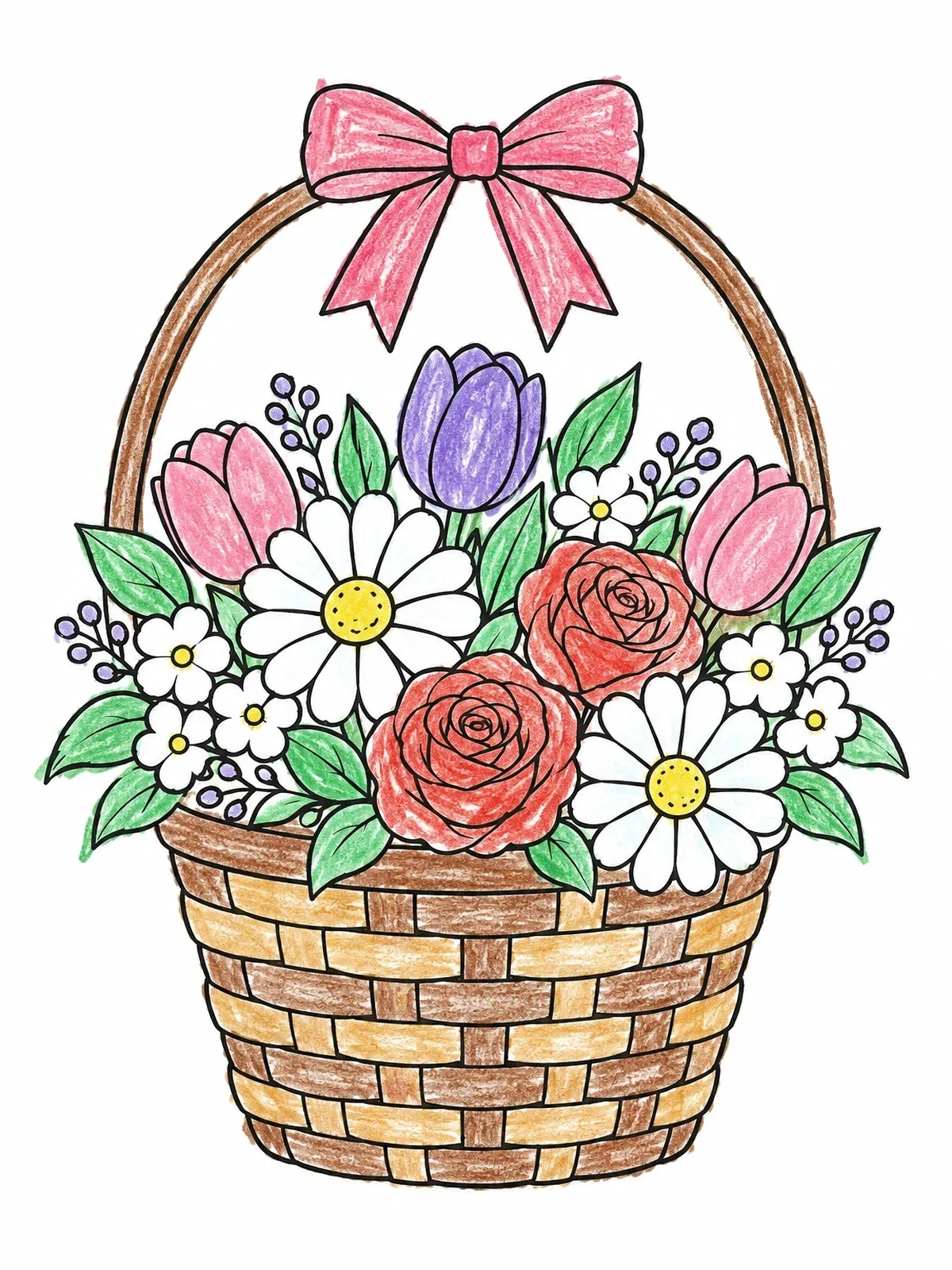 Colored example of the Blooming Spring Flower Basket coloring page