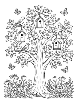Free printable Blooming Spring Tree With Birdhouses coloring page