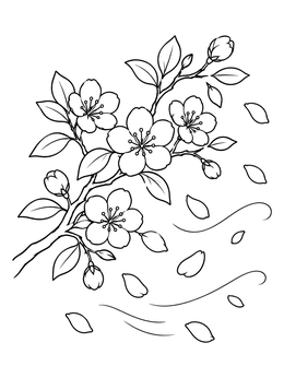 A delicate spring tree coloring page showing blooming cherry blossoms and falling petals in the wind.