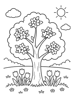 Free printable Blooming Spring Tree With Tulips coloring page