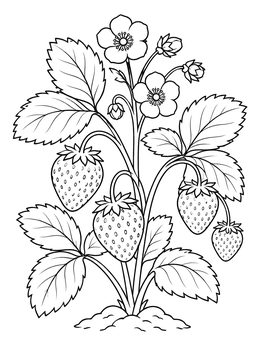 A detailed strawberry coloring page showing ripe hanging berries, blossoms, and serrated leaves.