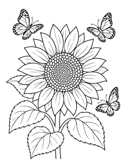 Blooming Sunflower with Fluttering Butterflies coloring page