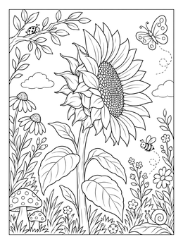 Free printable Blooming Sunflower With Garden Insects coloring page