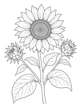 A detailed sunflower coloring page featuring a large open bloom, leaves, and two buds.