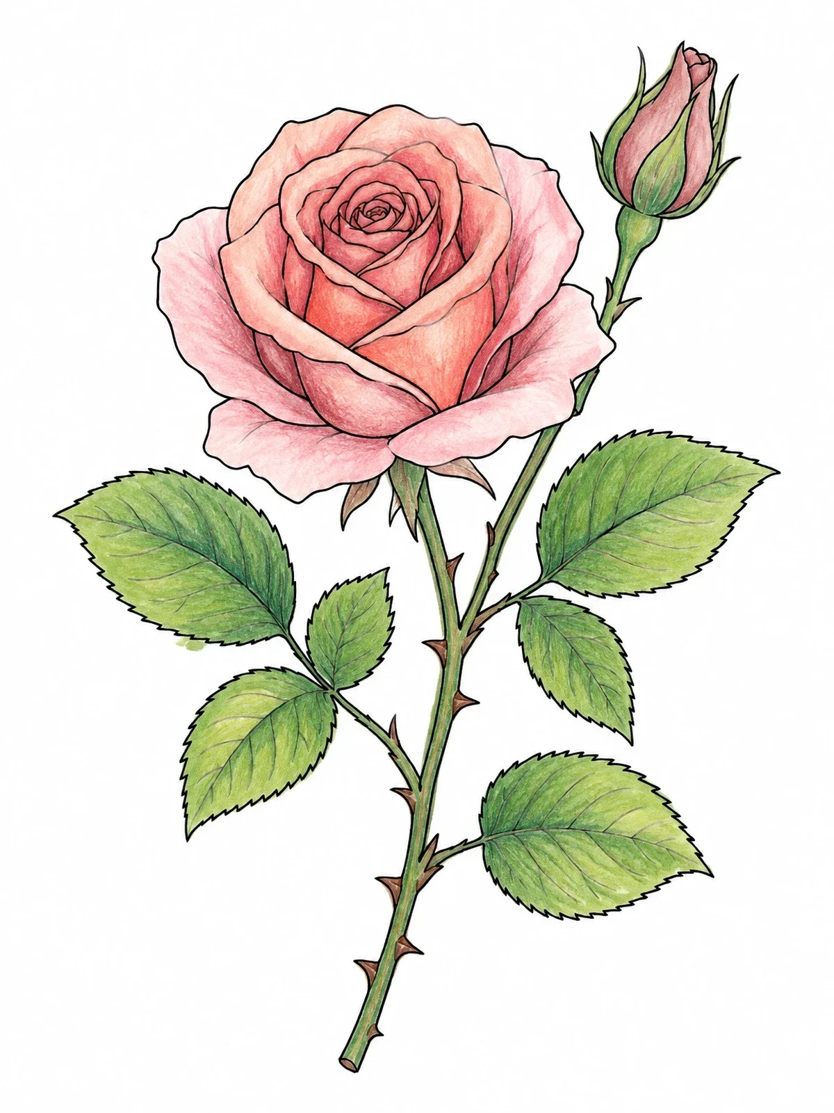 Colored example of the Blooming Tea Rose With Bud coloring page