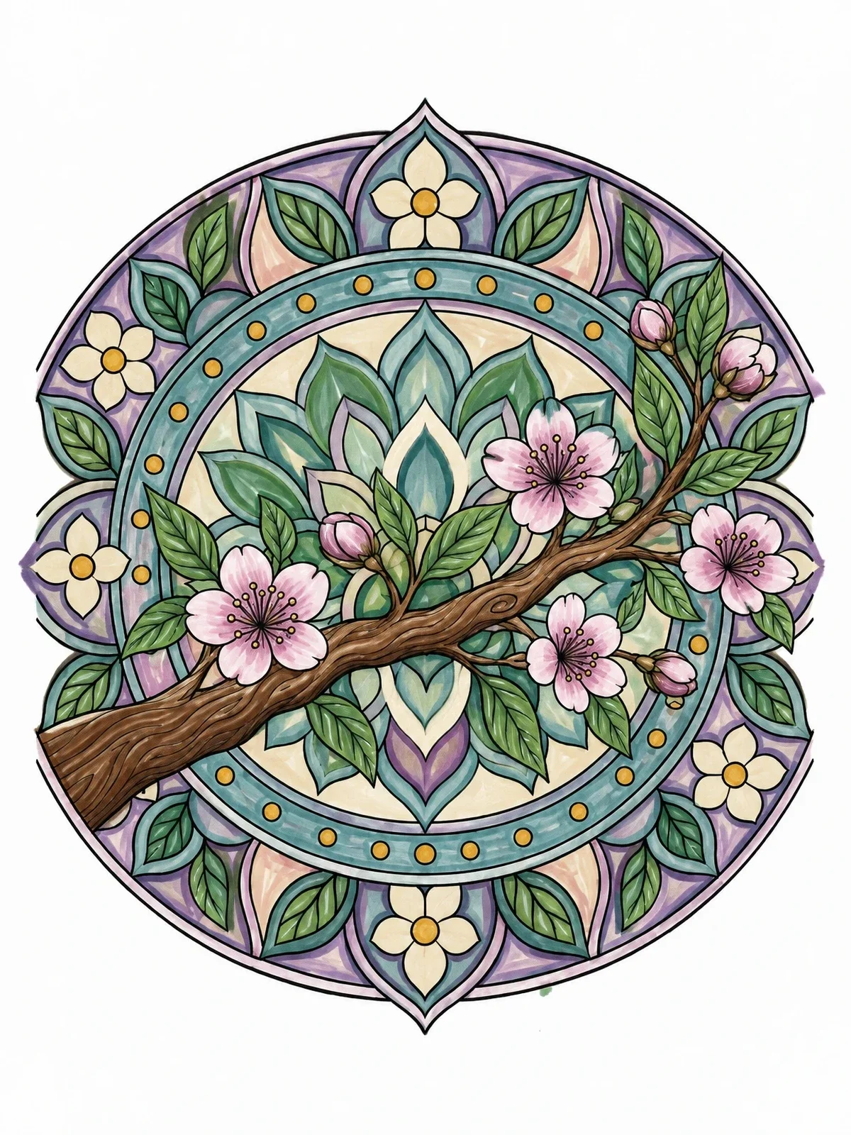 Colored example of the Blooming Tree Branch Mandala Pattern coloring page