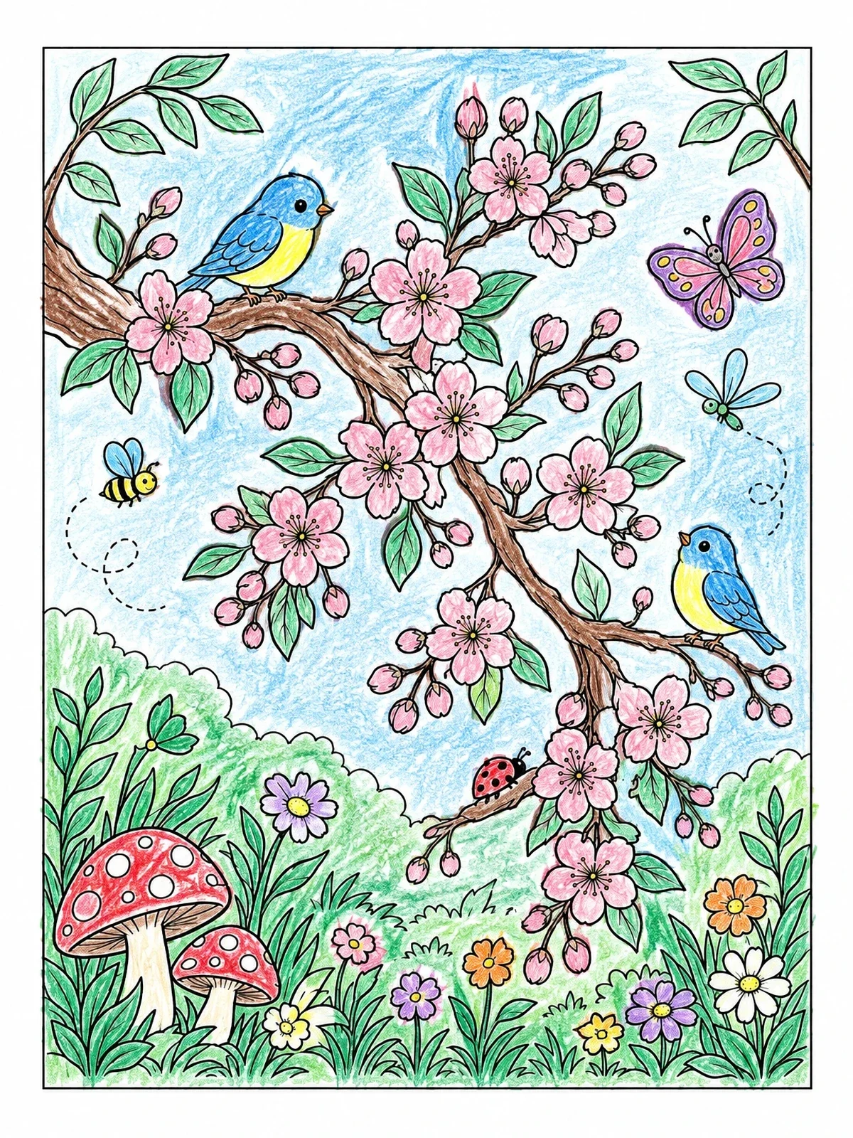 Colored example of the Blooming Tree Branch With Little Birds coloring page