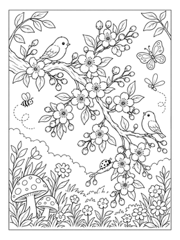 Free printable Blooming Tree Branch With Little Birds coloring page
