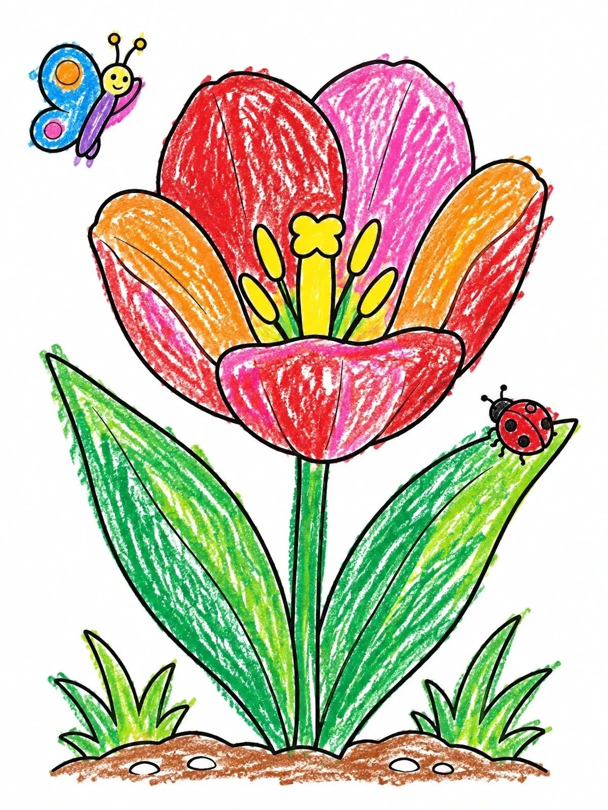 Colored example of the Blooming Tulip With Butterfly And Ladybug coloring page