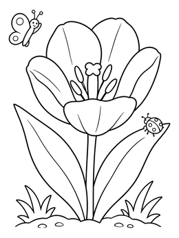 A cheerful tulip coloring page featuring a flying butterfly and a ladybug.