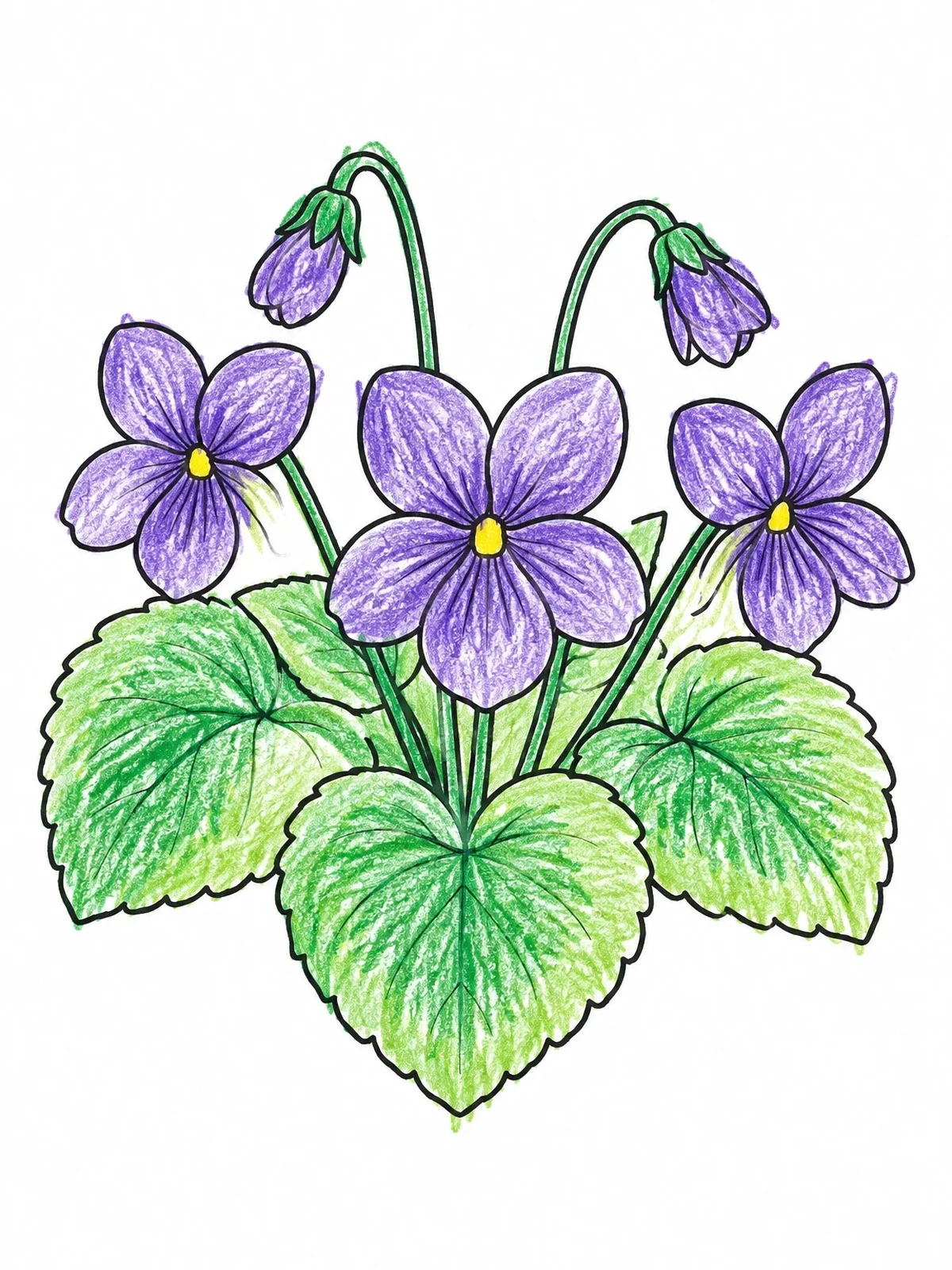 Colored example of the Blooming Violet Flowers And Leaves coloring page
