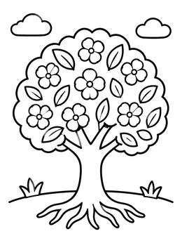Free printable Blossoming Spring Tree With Flowers coloring page