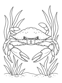 A detailed crab coloring page featuring large claws and seagrass on the seabed.