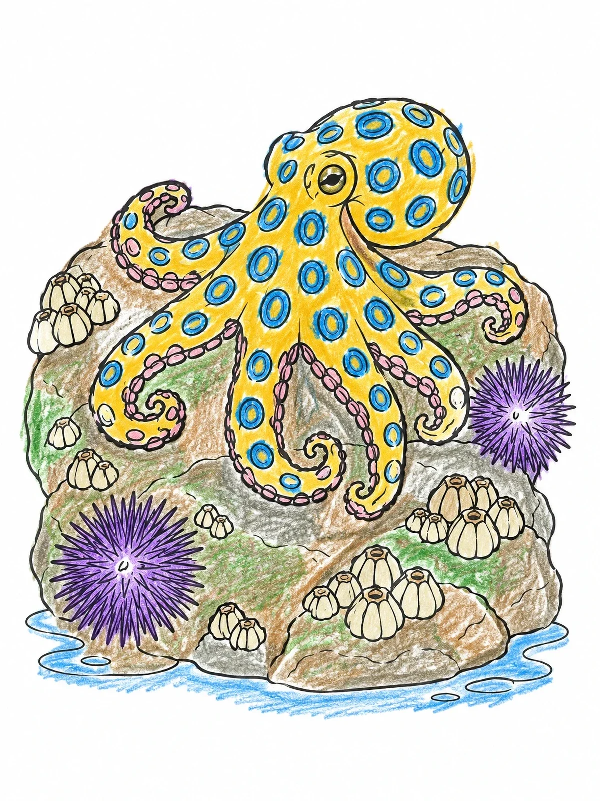 Colored example of the Blue Ringed Octopus On Tide Pool Rocks coloring page