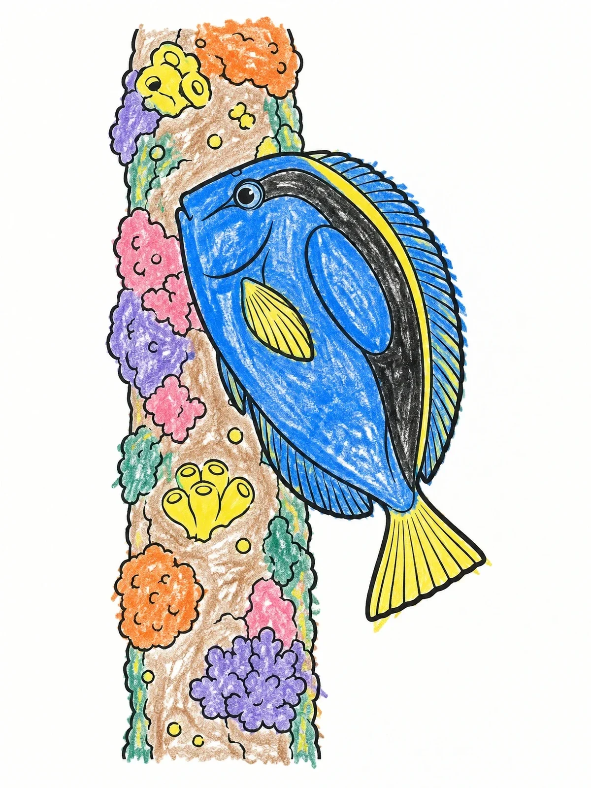 Colored example of the Blue Tang Beside Coral Pillar coloring page