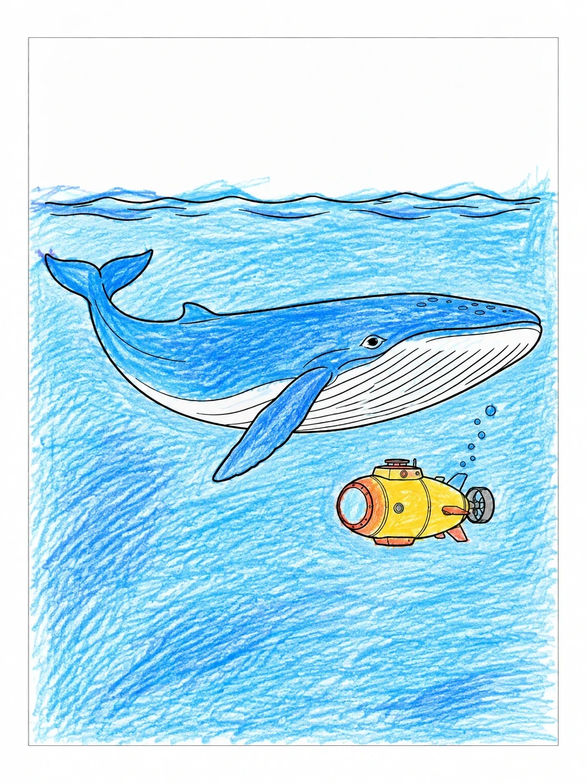 Colored example of the Blue Whale With Research Submarine coloring page
