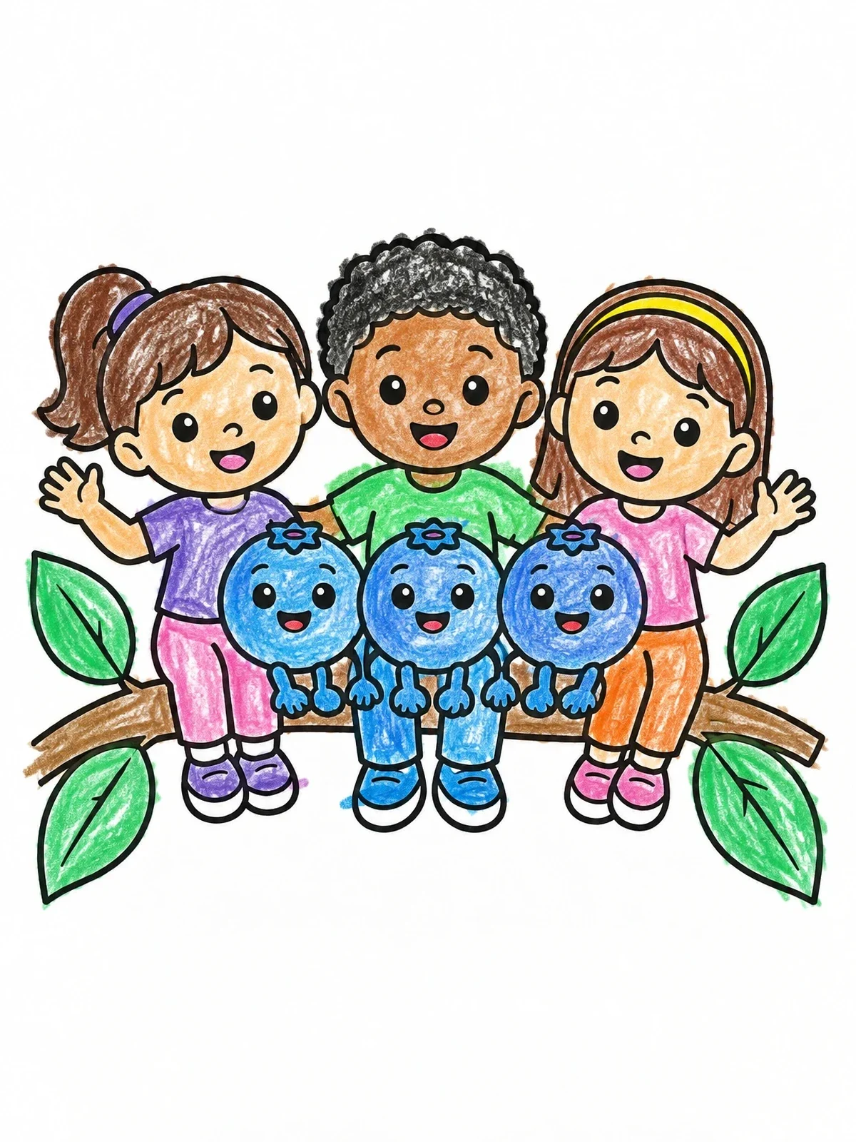 Colored example of the Children Sitting With Cute Blueberries coloring page