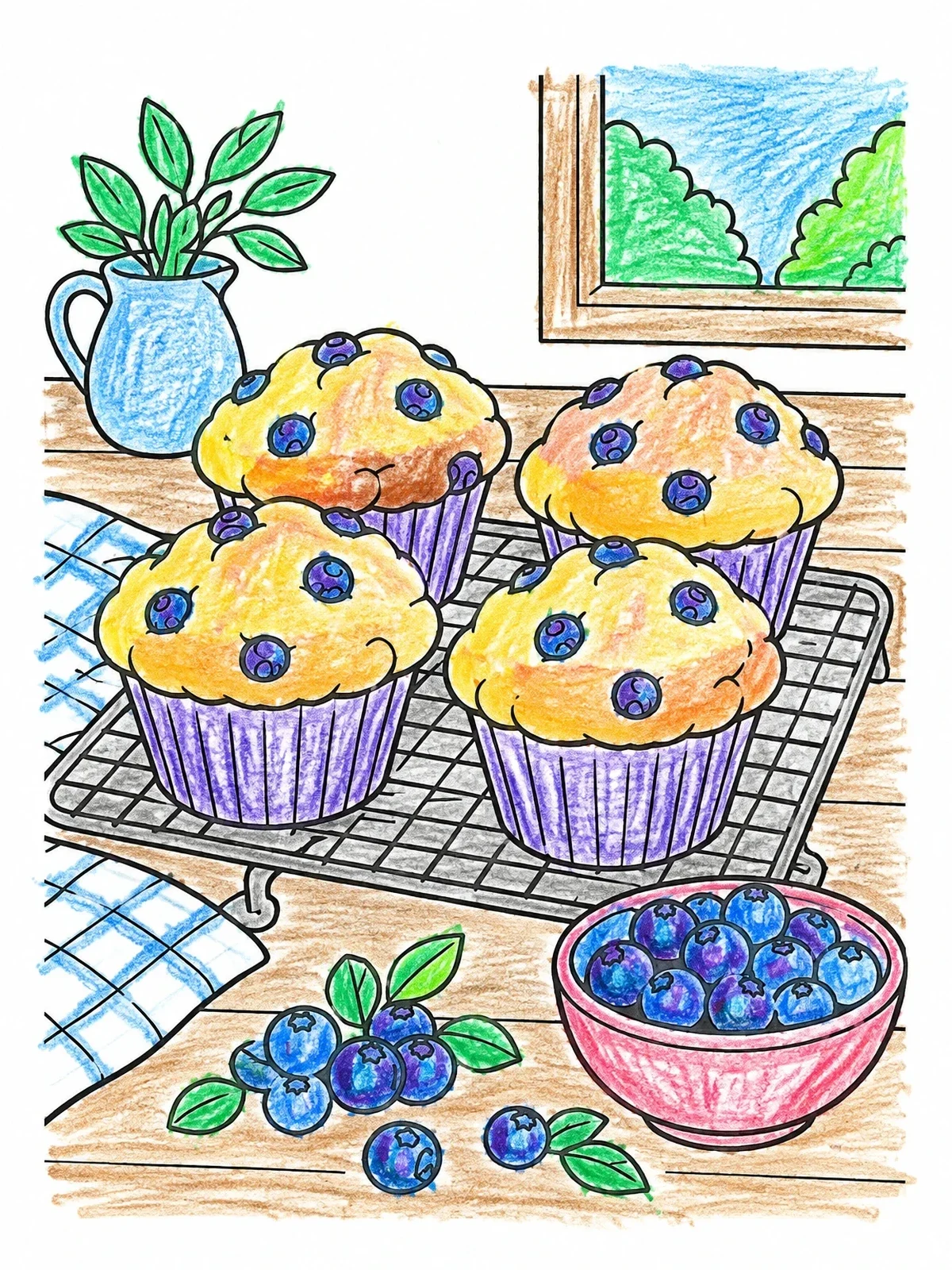 Colored example of the Fresh Blueberry Muffins On Cooling Rack coloring page
