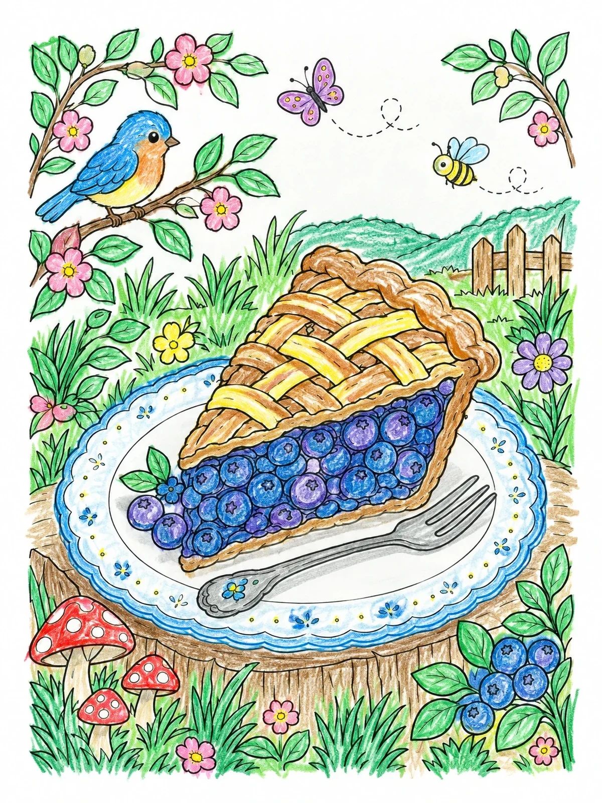 Colored example of the Blueberry Pie Slice In Garden coloring page