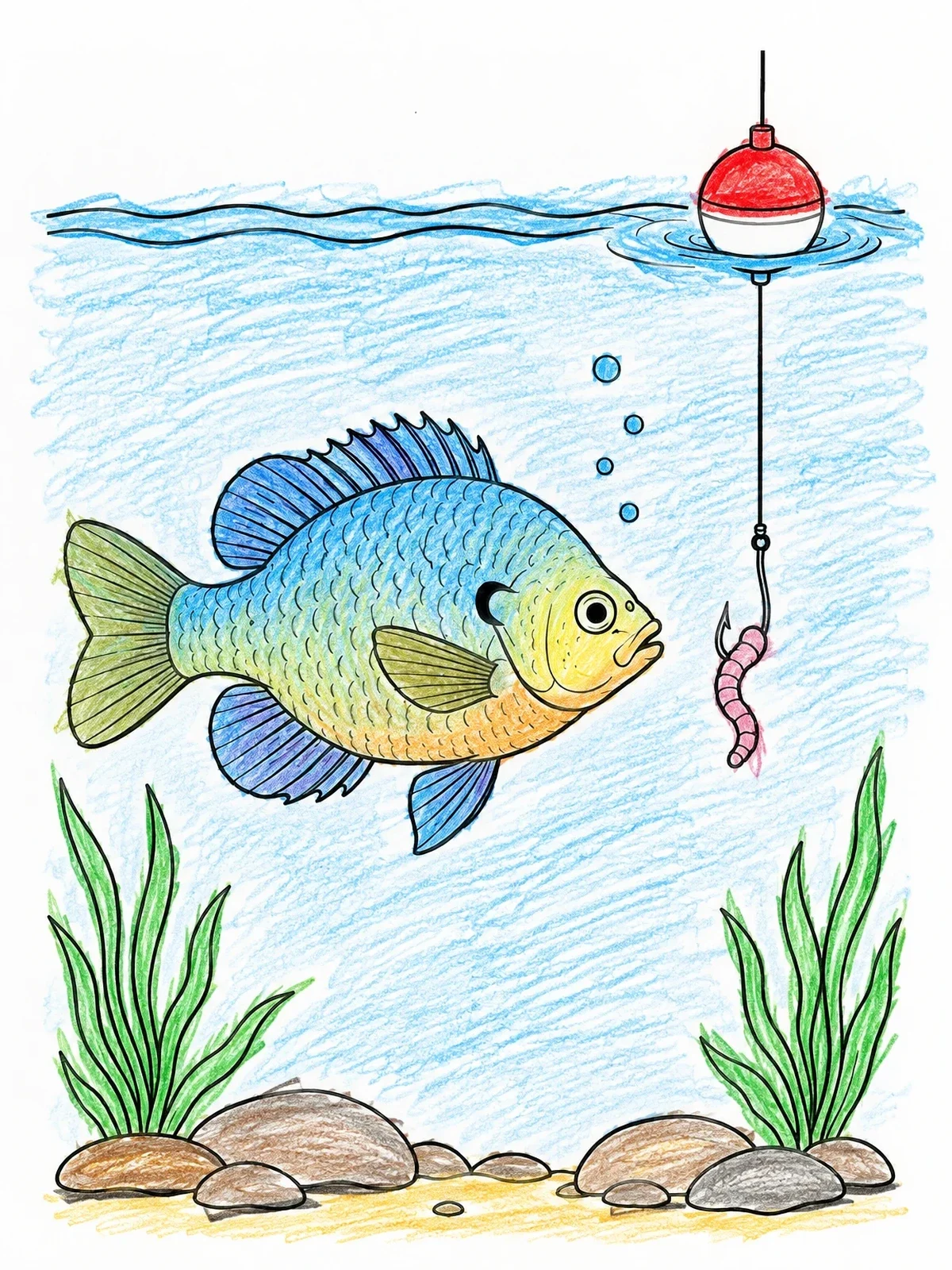 Colored example of the Bluegill Approaching A Fishing Hook coloring page