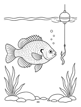 Free printable Bluegill Approaching A Fishing Hook coloring page